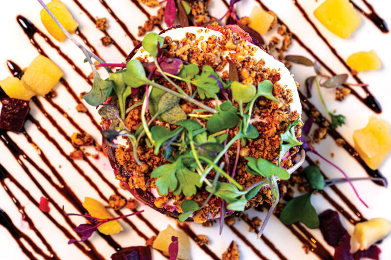 Moonshadows Malibu - Roasted Organic Red & Yellow Beet Salad, Goat Cheese, Apple, Pecans, Beet Vinaigrette, Balsamic Syrup