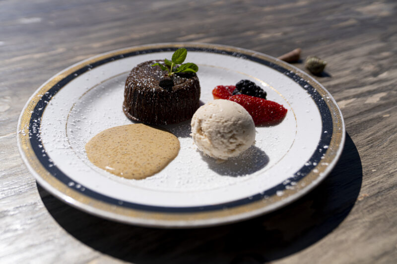 Moonshadows Malibu - Valrhona Chocolate & Gianduja Soufflé Cake, Spiced Coffee Sauce, Hazelnut Ice Cream